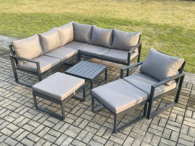 Fimous Outdoor Garden Furniture Set Aluminium Lounge Sofa Square Coffee Table Sets with Chair 2 Big Footstools Indoor Conservatory Set Dark Grey Dark