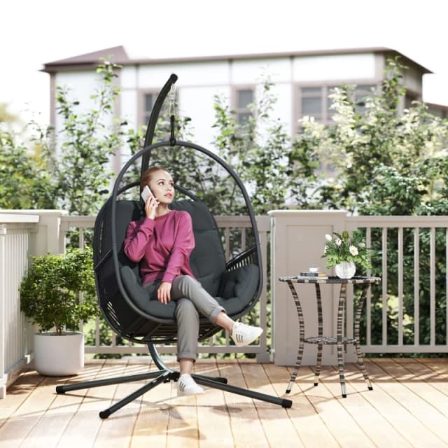 Outsunny Hanging Egg Chair with Stand, Cushions for Garden, Dark Grey 84A-375V70CG