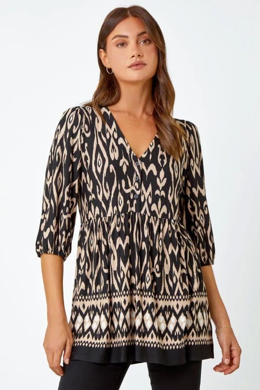 Roman Aztec Print V-Neck Stretch Tunic Smock Top Black female