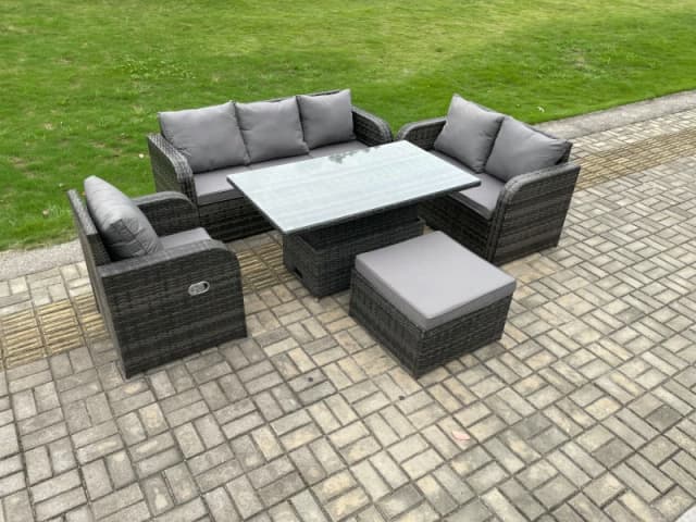 Fimous 7 Seater Outdoor Rattan Furniture Garden Dining Set Patio Height Adjustable Rising lifting Table with 3 Seater Sofa Reclining Chair Dark Grey