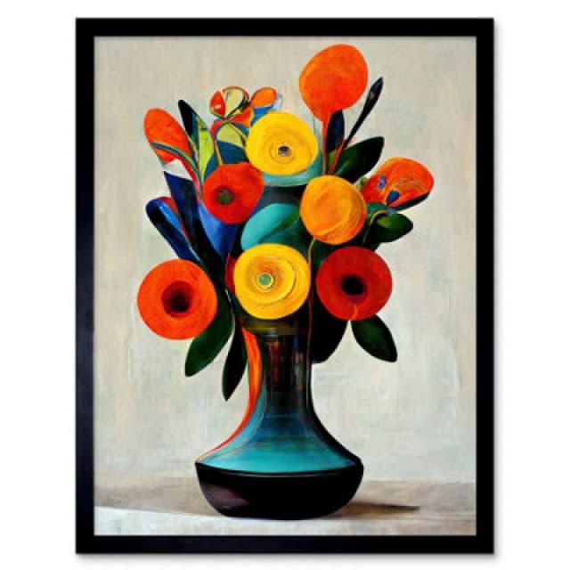 Artery8 Mid Century Style Bright Floral Bouquet Flowers Orange Framed Wall Art Print