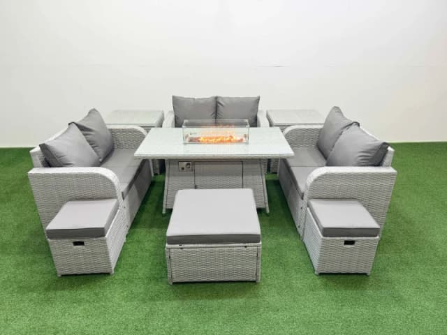 Fimous 9 Seater PE Wicker Rattan Furniture Sofa Sets with Firepit Dining Table 2 Seater Love Sofa 3 Stool 2 Side Table Light Grey Light Grey