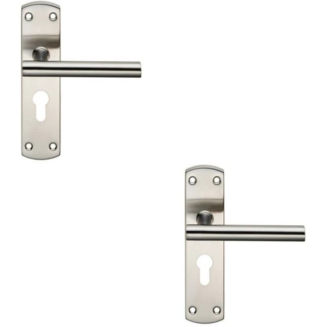 Loops 2x Mitred T Bar Lever Door Handle on Euro Lock Backplate 172 x 44mm Satin Steel Metallics