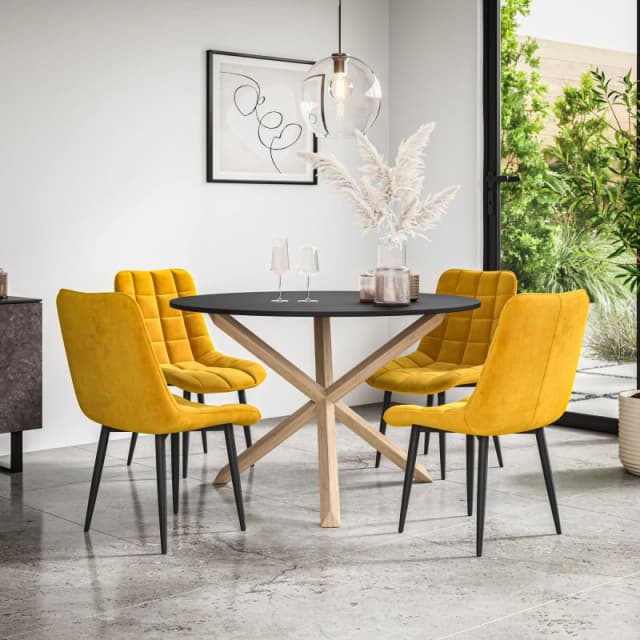 More4Homes Malvern Round Dining Table And Chairs - Black Table Top W Solid Oak Legs + Nova Velvet Dining Chair Set Of 4 (Mustard)