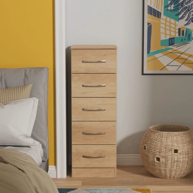 Ready Assembled 2 U Hampshire 5 Drawer Tall Bedside (Ready Assembled) in Light Brown Light Brown Unisex