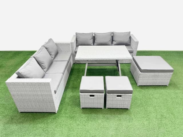 Fimous 9-seater Patio Rectangular Table 3 Seater Sofa Set with 3 Stools in Light Grey Light Grey Unisex
