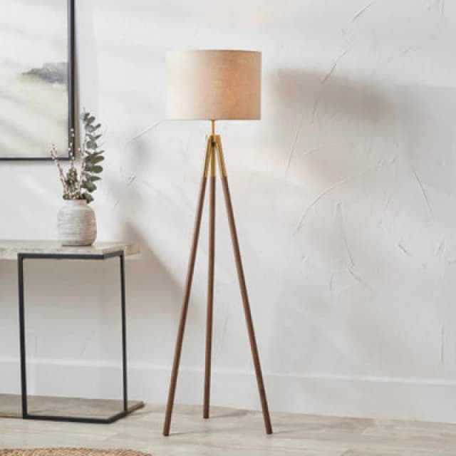 Pacific Lifestyle Gold Metal And Wood Grain Tripod Floor Lamp