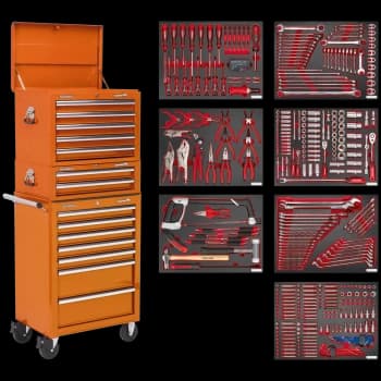 Sealey Superline Pro 14 Drawer Roller Cabinet, Mid and Top Tool Chests + 446 Piece Tool Kit Orange