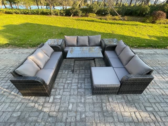 Fimous 10 Seater Wicker Rattan Garden Furniture Set with Rectangular Dining Table 2 Side Tables Big Footstool Patio Outdoor Lounge Sofa Set Dark Grey