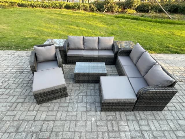 Fimous 9 Seater Rattan Lounge Sofa Set Outdoor Garden Furniture Set with Rectangular Coffee Table 3 Seater Sofa 2 Big Footstool 2 Side Tables Dark Gre