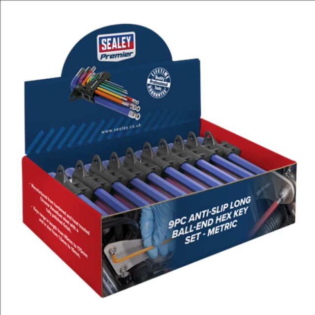 Sealey Premier Ball-End Hex Key Set 9pc Colour-Coded Long Metric - Display Box of 10