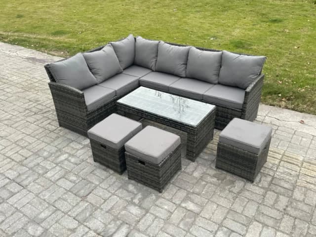 Fimous 9 Seater Outdoor Rattan Garden Furniture Set Corner Sofa Oblong Coffee Table Sets with Patio 3 Small Footstools Dark Grey Mixed Dark Grey