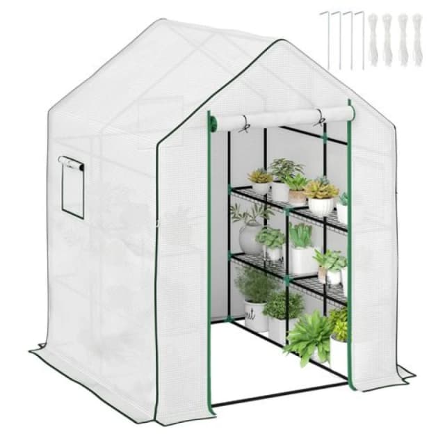 Outsunny Walk-in Greenhouse with 8 Shelves, Outdoor Small Greenhouse, White White