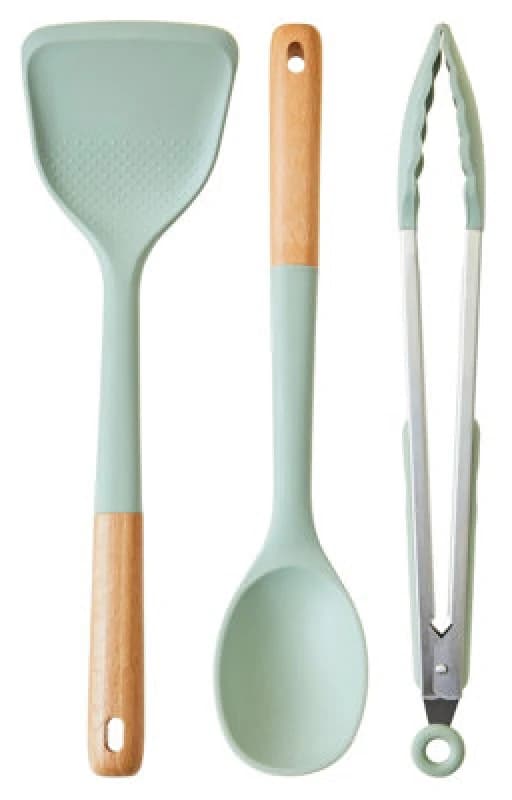 Orsina Sage Green Silicone 3Pc Kitchen Set,non-Scratch Utensils,includes Turner, Spoon & Tongs,heat-Resistant Tools
