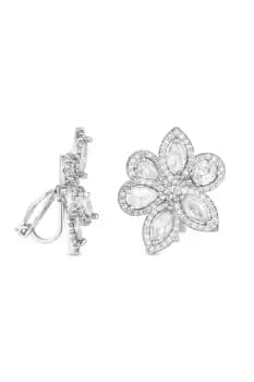 Rhodium Plated Cubic Zirconia Floral Clip Earrings