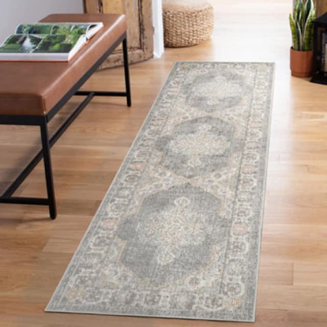 Maia Washable Low Pile Non Slip Orchid Traditional Area Rug - Grey, 60 X 220 Cm (Runner)