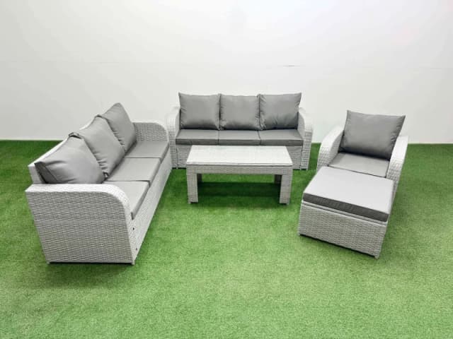 Fimous 8 Seater Poly Rattan Outdoor Garden Furniture Oblong Coffee Table Sofa Set Patio 3 Seater Sofa Reclining Chair 3 Seater Sofa Big Footstool Ligh