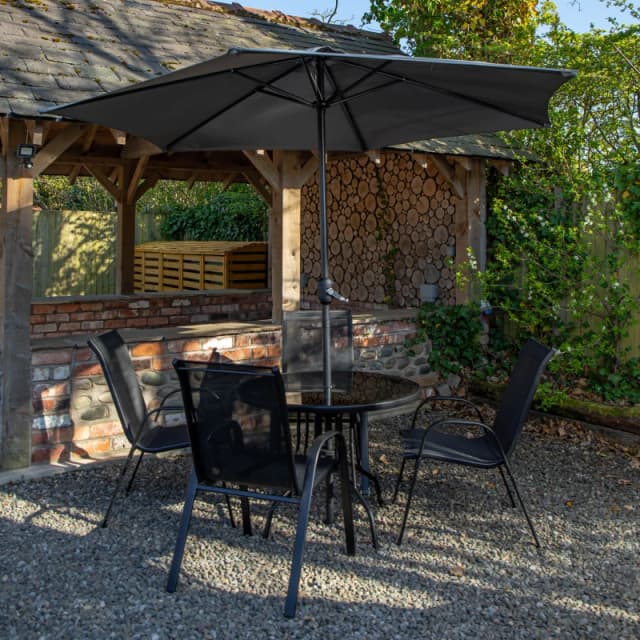 Outdoor 4 Person Round Glass Top Garden Dining Table & Chairs Set with Grey Havana Parasol & Base