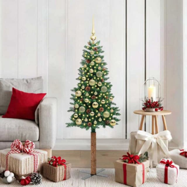 vidaXL Slim Christmas Tree with Gold Balls Green 150cm PVC and Solid Pine wood, Green 3394855