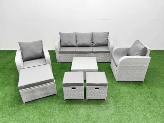 Fimous PE Rattan Garden Furniture Set Reclining Chair Sofa Lounge Sofa Set Square Coffee Table 3 Stools Light Grey Light Grey
