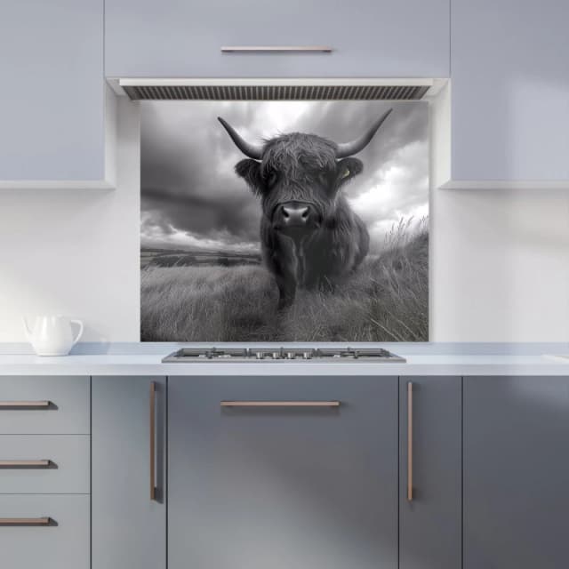 Warren Reed - Designer Black & White Highland Cow Kitchen Splashback in Grey Size: 900mm x 750mm Grey Unisex 900mm x 750mm
