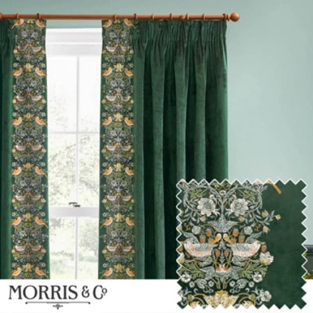 Morris & Co Morris & Co Strawberry Thief Embroidery Embroidered Velvet Room Darkening Pencil Pleat Curtains in Green Size: 117cm width x 183cm drop