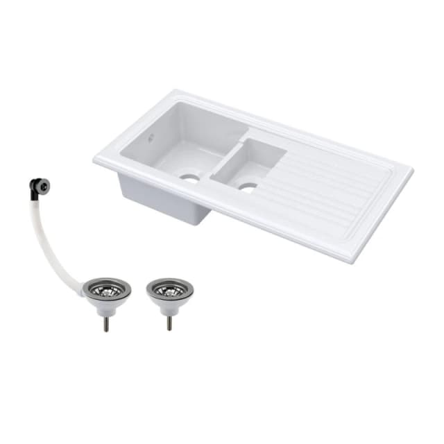 Balterley 101cm 1.5 Bowl Fireclay Inset Sink & Drainer & Nickel Wastes - White White Unisex