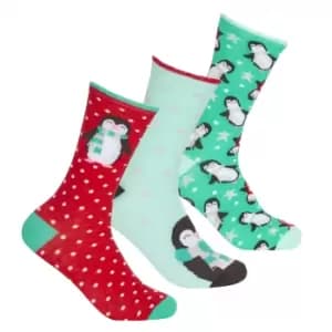 Womens/Ladies Cotton Rich Festive Socks (3 Pairs) (UK 4-8) (Red/Green)