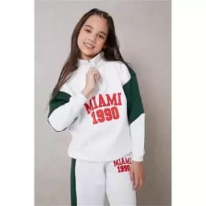 I Saw It First Forest Green Girls Varsity Miami 1990 Slogan Funnel Neck Colour Block Sweater - Green
