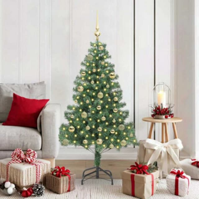 vidaXL Christmas Tree with 150 LEDs, Gold Balls with Stand Green 150cm PVC, Green 3396371