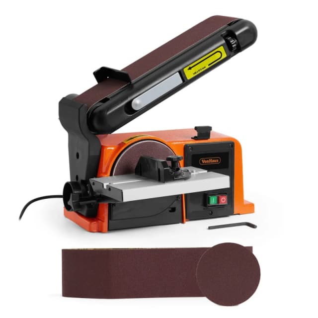 Vonhaus Benchtop Belt & Disc Sander, 100mm X 915mm, Cast Iron Base, Integrated Dust Port, Removable Table, Sanding Belt & Disc