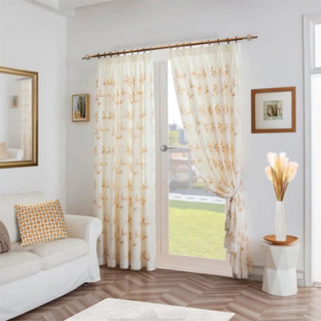 Luxury Living Leaf Embroidered Tulle Voile Curtains Pencil Pleat Gold