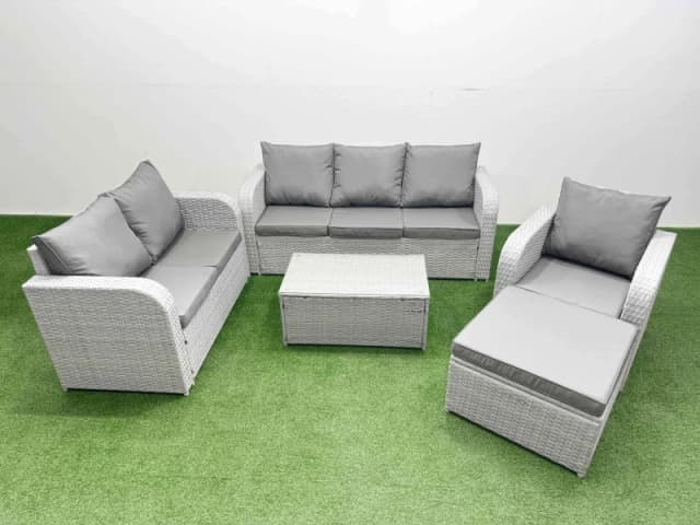 Fimous Patio PE Wicker 7 Seater Outdoor Rattan Furniture Sofa Sets with Rectangular Coffee Table Reclining Chair Loveseat Sofa 3 Seater Sofa Big Foots