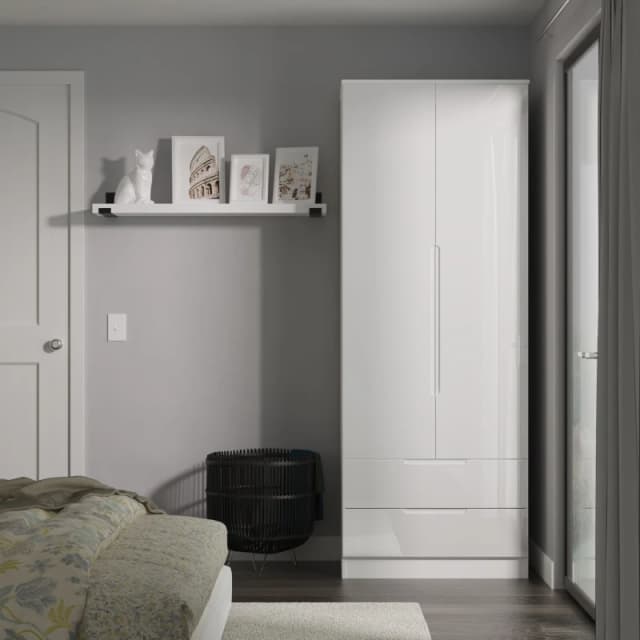 Welcome Furniture Ready Assembled Milan Tall 2 Drawer Wardrobe In White Gloss & White MIL081WGW