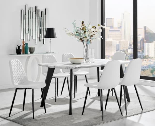 FurnitureboxUK FurnitureboxUK Andria White Marble Effect & Black Leg 6 Seater Dining Table and 6 Corona Faux Leather Chairs White One Size Unisex 5056