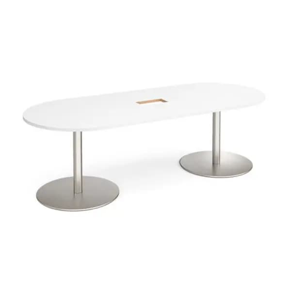 Eternal Eternal radial end boardroom table 2400mm x 1000mm with central cutout 272mm x 132mm - brushed steel base, white top White ETN24-CO-BS-WH
