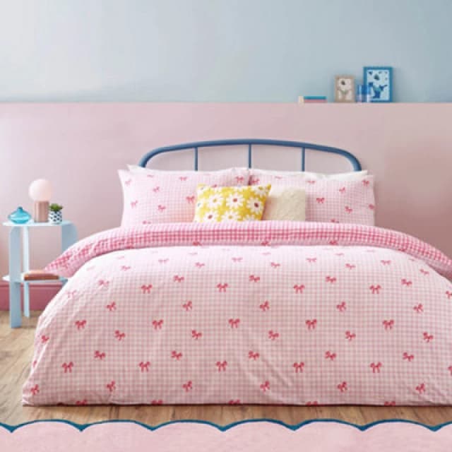 Heya Home Gingham Bows Duvet Cover Set In Pink Pink WIZJ8 Unisex Double,King,Super King