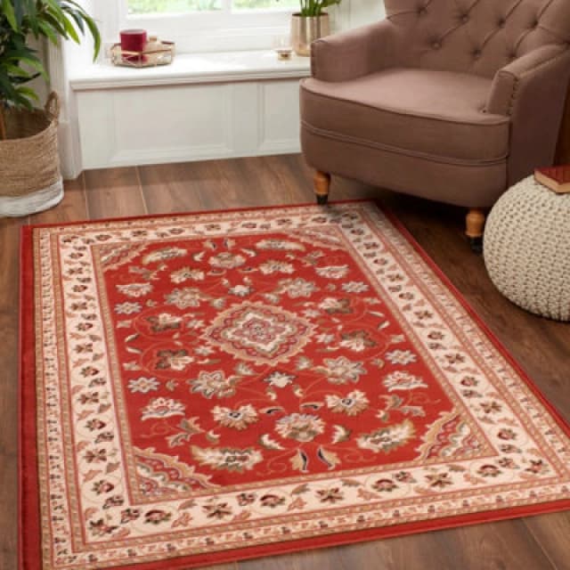 Terracotta Traditional Bordered Floral Easy To Clean Rug For Dining Room Bed Room And Living Room-120Cm X 170Cm