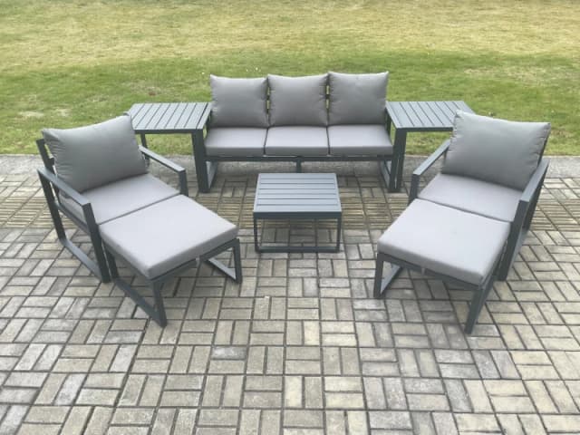Fimous Aluminium Outdoor Lounge Sofa Set Garden Furniture Sets with Square Coffee Table 2 Chairs 2 Big Footstools 2 Side Tables Dark Grey 7 Seater Dar