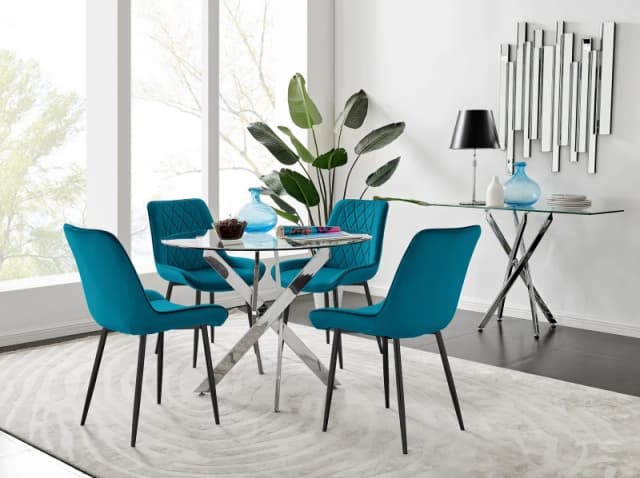 FurnitureboxUK FurnitureboxUK Novara 100cm Round Dining Table and 4 Pesaro Black Leg Chairs in Blue Blue One Size Unisex 5056542647550