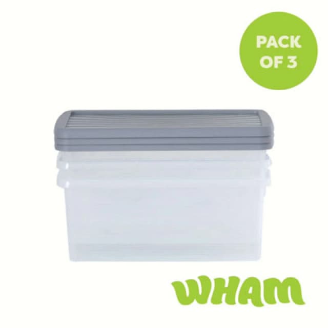 3 X Wham Box 9L Stackable Plastic Storage Box & Lid Clear/steel