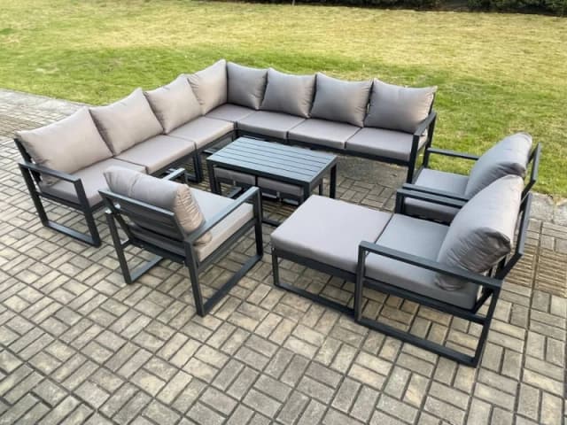 Fimous Aluminium 13 Seater Outdoor Garden Furniture Set Lounge Corner Sofa Oblong Coffee Table 3 Pcs Chair Sets with 3 Footstools Dark Grey Dark Grey