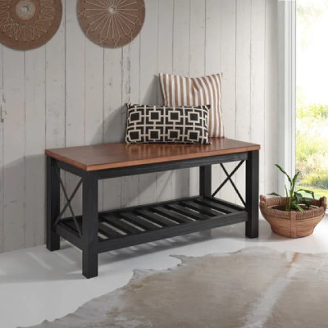 Mercers Furniture Cottage Black Painted Pine Bench Wooden With Slatted Storage Shelf 59H X 107W X 42D Cm