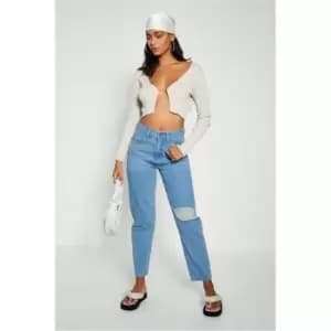 I Saw It First Light Wash Ripped Knee Mom Jeans - Blue