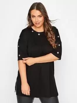 Yours Oversized Tee Eyelet Detail Black/silver, Black, Size 16, Women