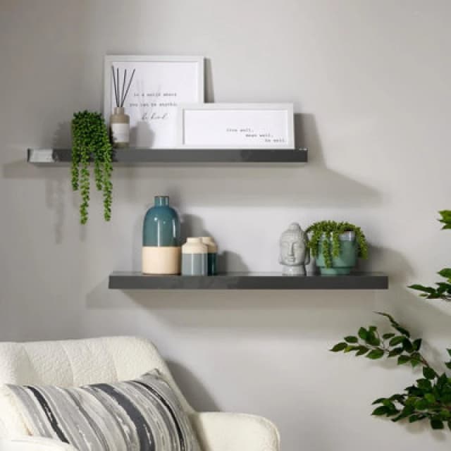 Home Source Cloud Pair Of 80Cm Gloss Floating Wall Shelves Grey