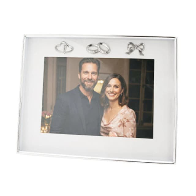 Happy Homewares Modern Wedding Picture Frame In Silver Plating With Rings And Hearts