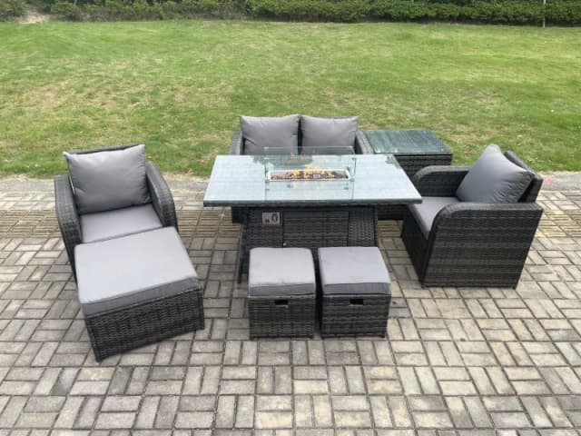 Fimous Rattan Garden Furniture Set Outdoor Patio Gas Fire Pit Dining Table and Chairs with 3 Footstools Dark Grey