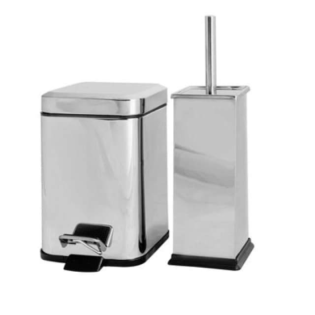 Harbour Housewares Bathroom Bin & Toilet Brush Set - 3L - Chrome - Square Stainless Steel Slim Trashcan Rubbish Bin & Brush