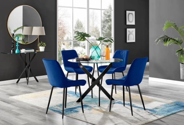 FurnitureboxUK FurnitureboxUK Novara 4 Seater Black Leg Round Glass Dining Table & 4 Pesaro Soft Velvet Black Leg Chairs in Navy Navy One Size Unisex